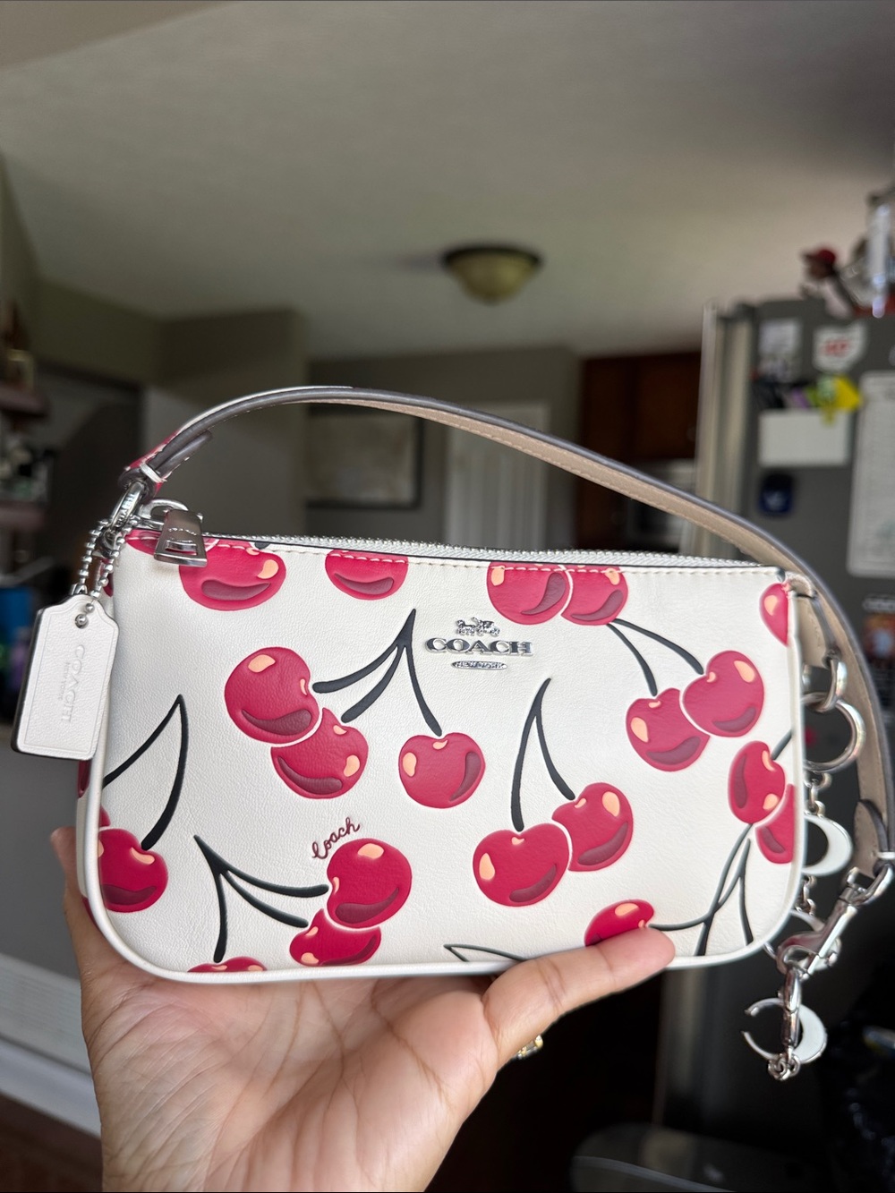 Coach White Leather Wristlet with Red Cherry Print